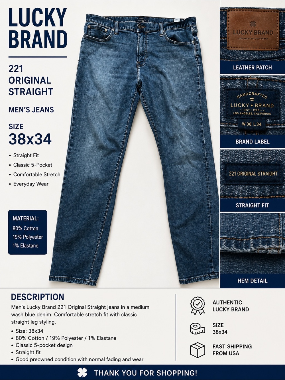 Men’s Lucky Brand 221 Original Straight Jeans 38x34 Distressed Fade Blue Denim